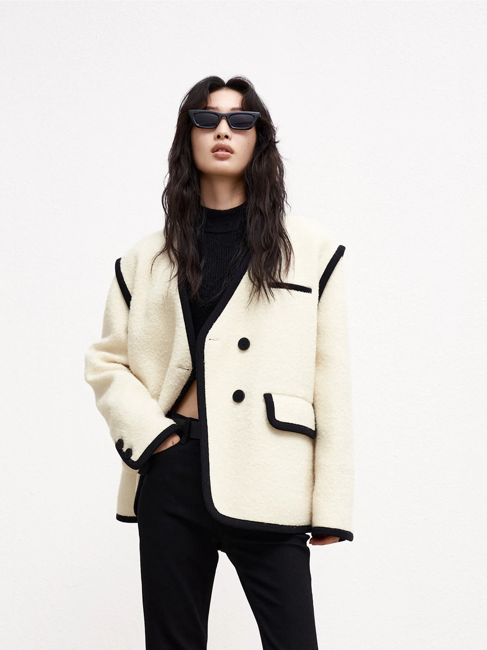 Double Breasted Contrast Midi Coat