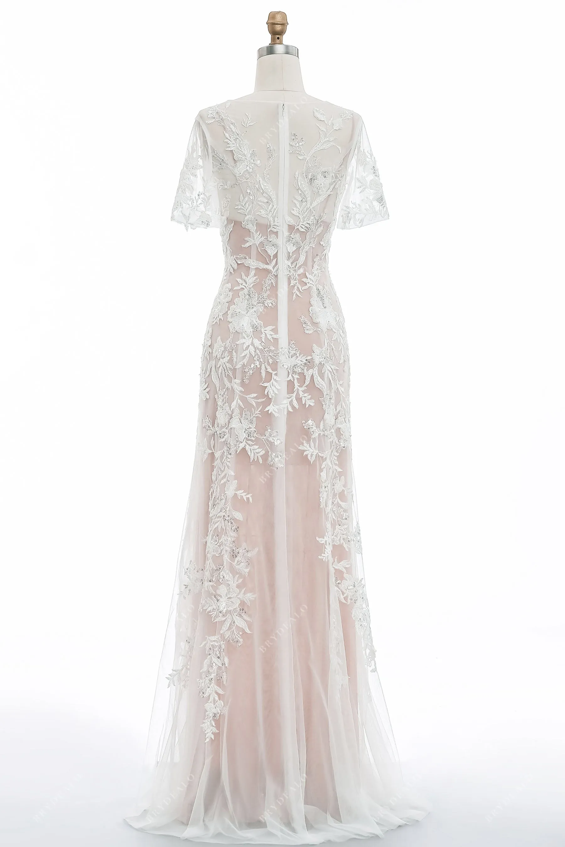 Dusty Rose Beaded Lace Sheath Bridal Gown