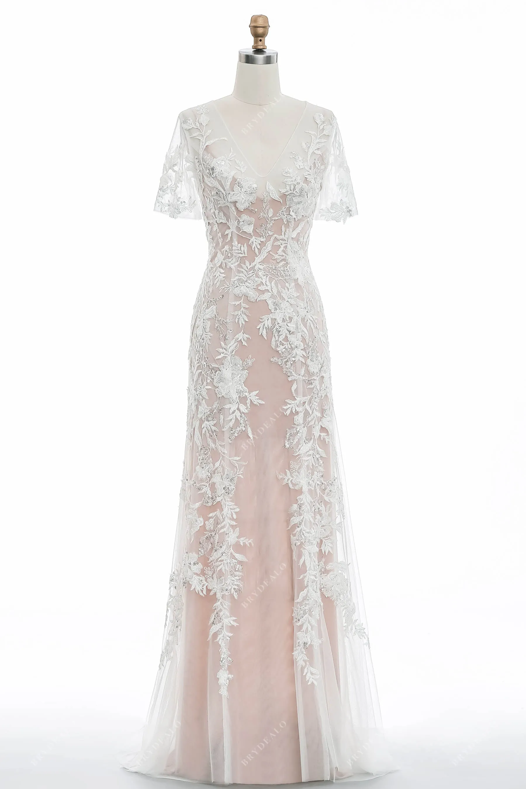 Dusty Rose Beaded Lace Sheath Bridal Gown