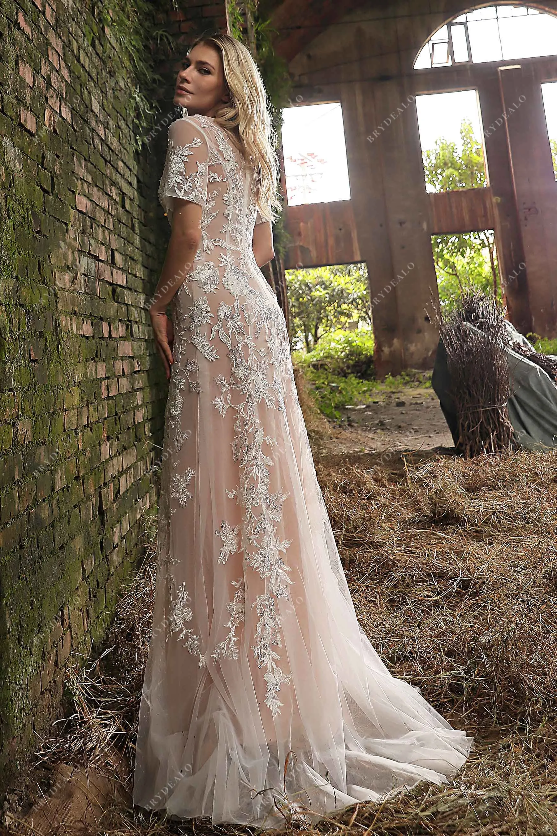 Dusty Rose Beaded Lace Sheath Bridal Gown