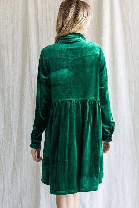 EMERALD GREEN VELVET BUTTON DOWN BABY DOLL DRESS