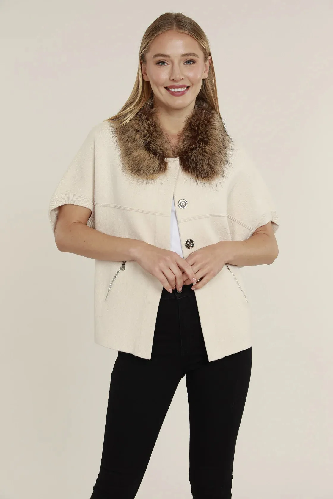 Faux Fur Collar Cape- Chestnut Cream