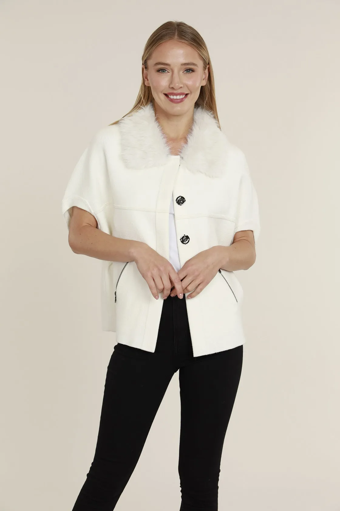 Faux Fur Collar Short Sleeve Cardigan