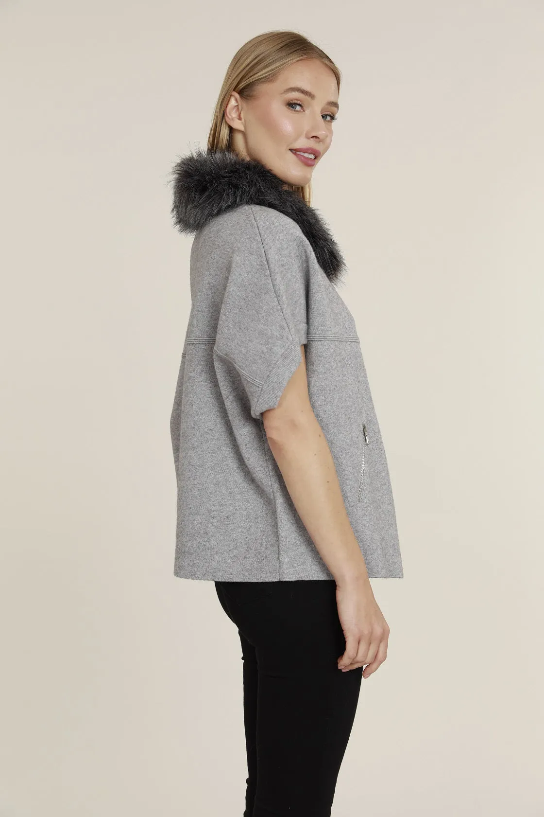 Faux Fur Collar Short Sleeve Cardigan