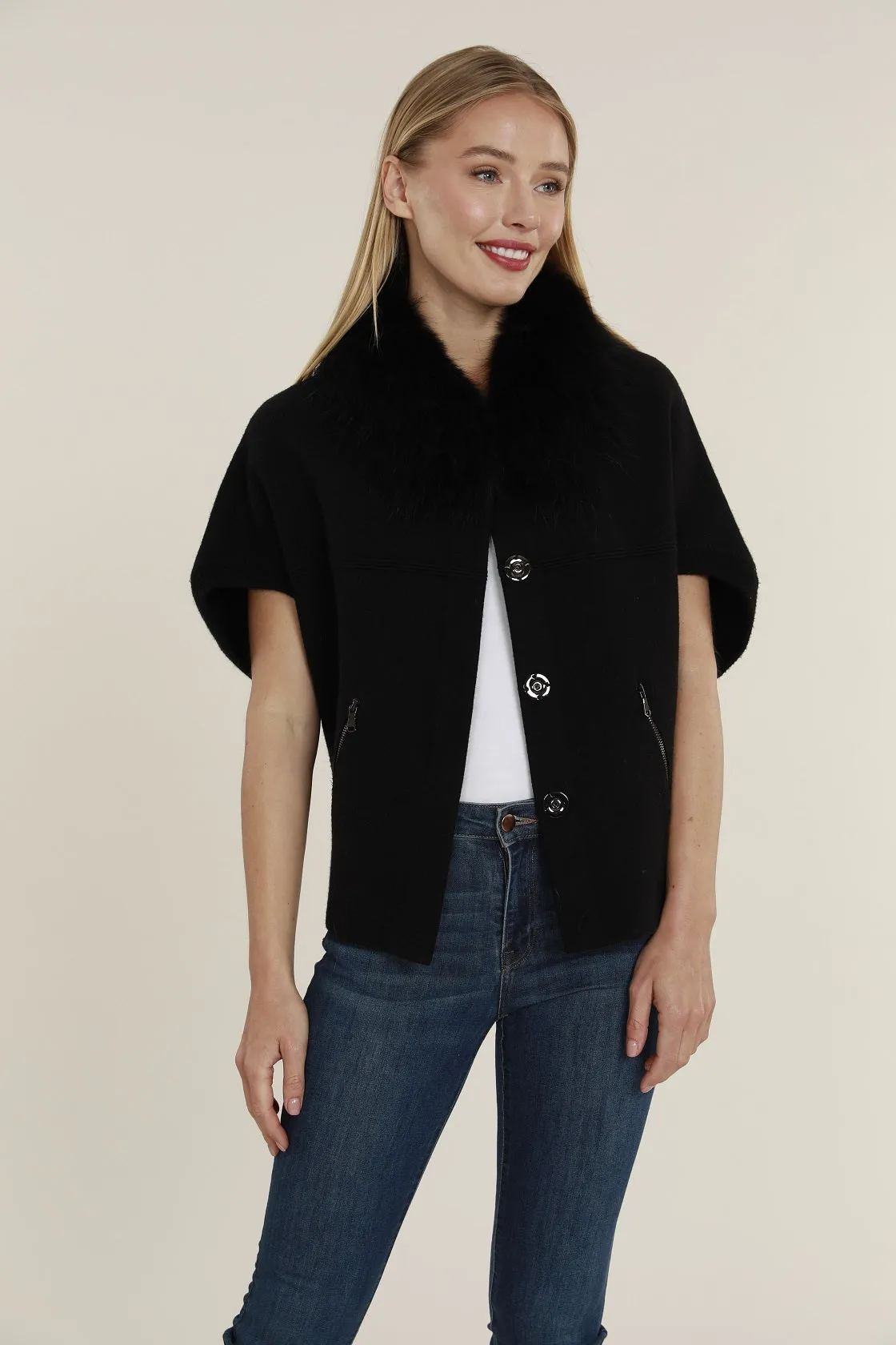 Faux Fur Collar Short Sleeve Cardigan