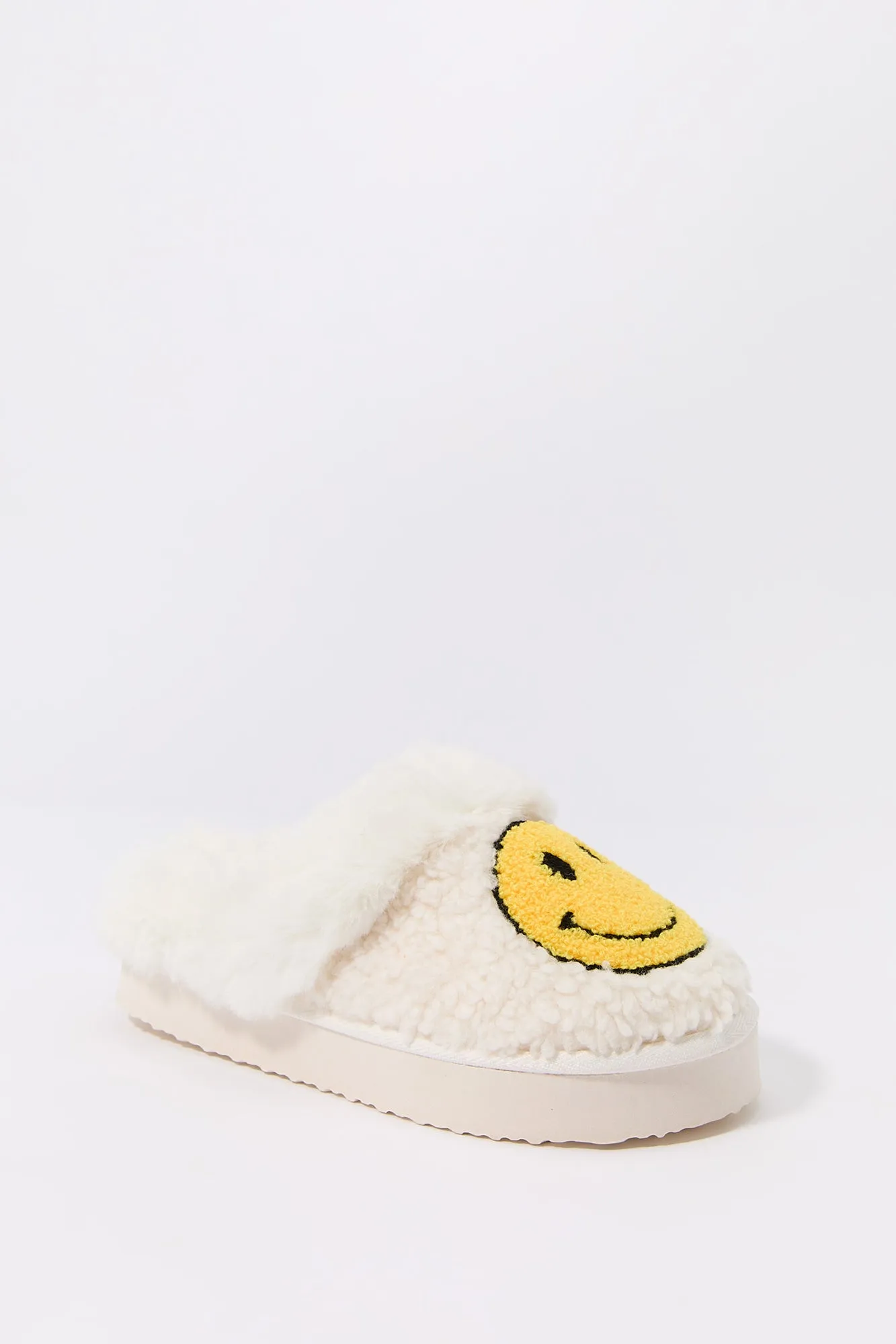 Faux Fur Collared Happy Face Slipper