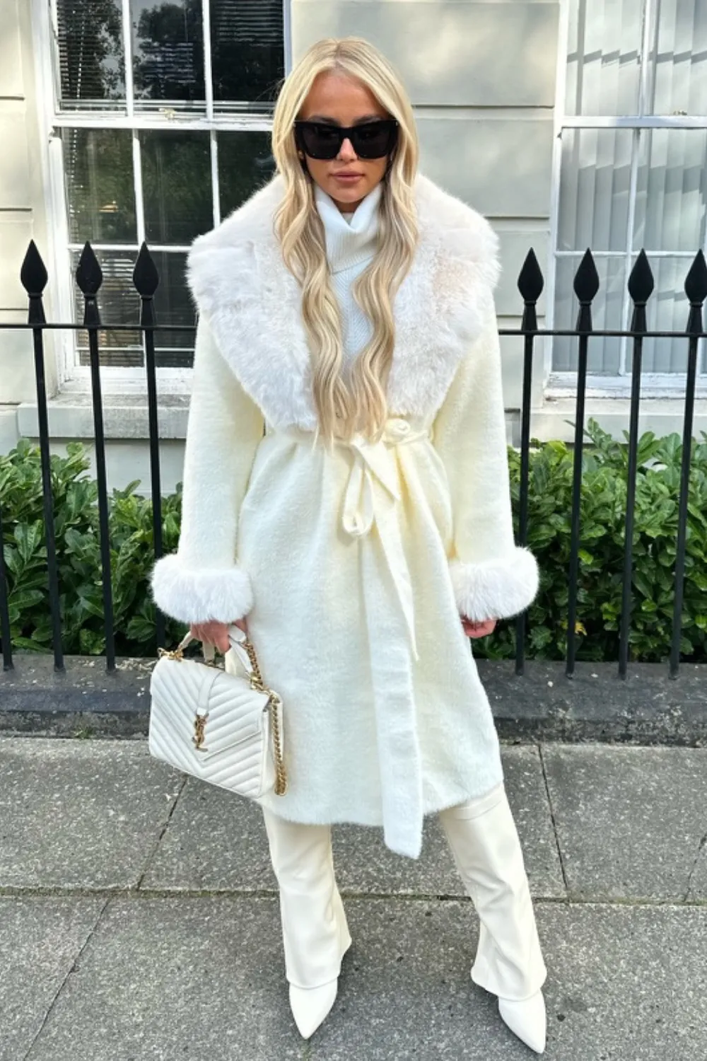 Freya cream faux fur collar long cardigan