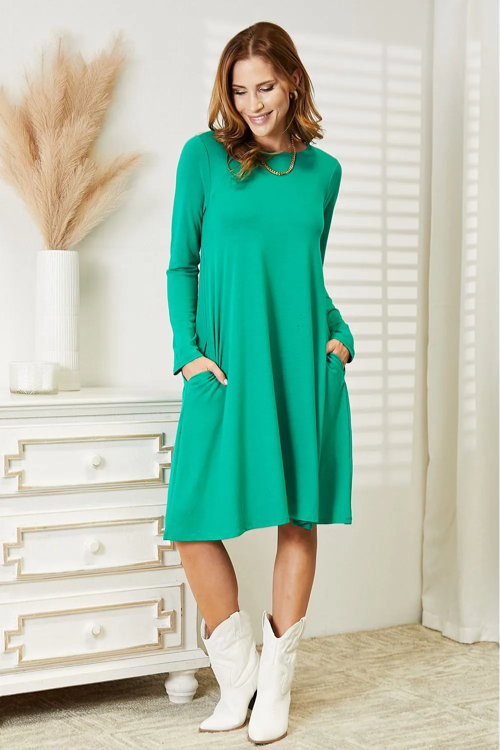 Full Size Long Sleeve Flare Dress with Pockets