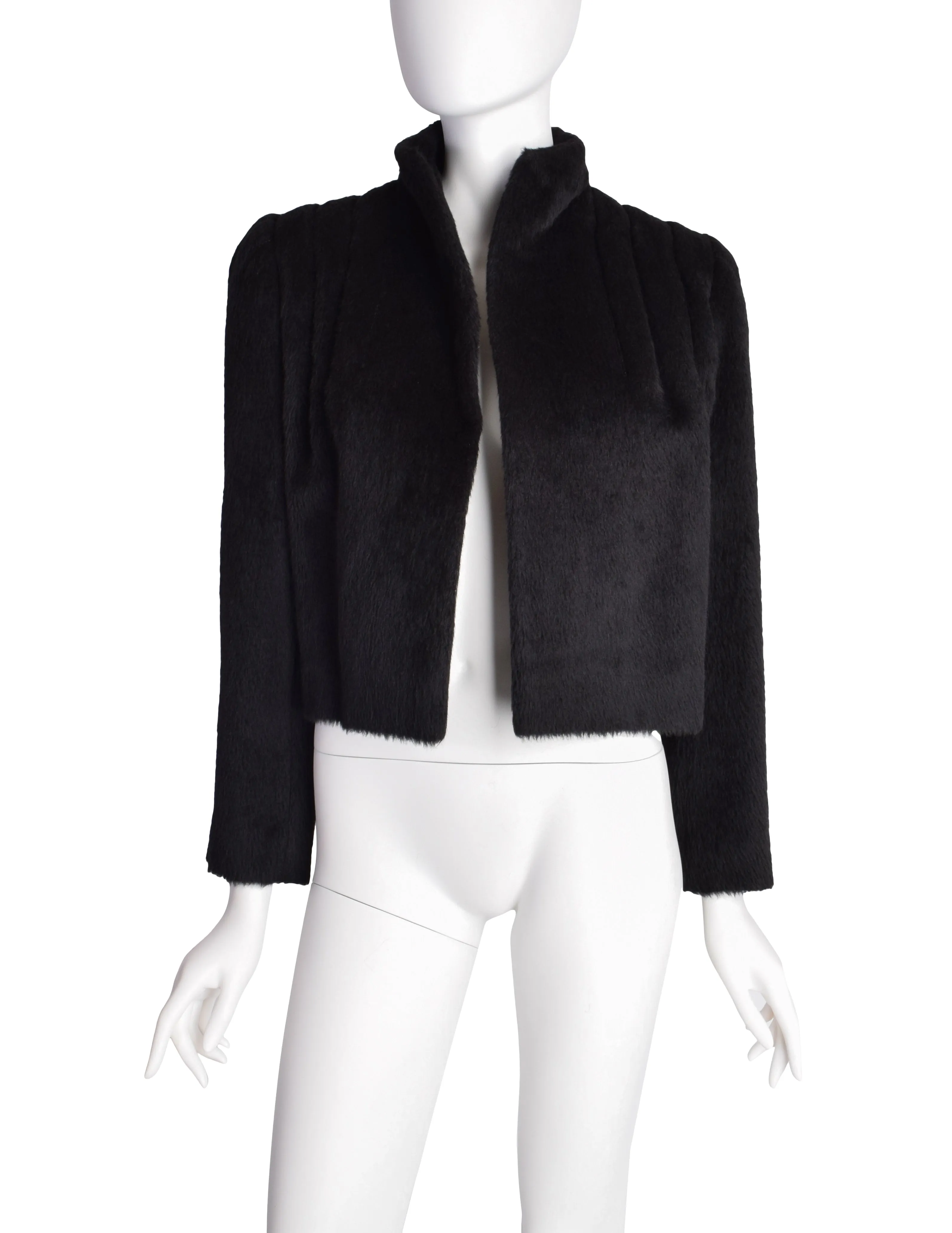 Galanos Vintage Black Alpaca Wool Structured Shoulder Cropped Jacket Coat