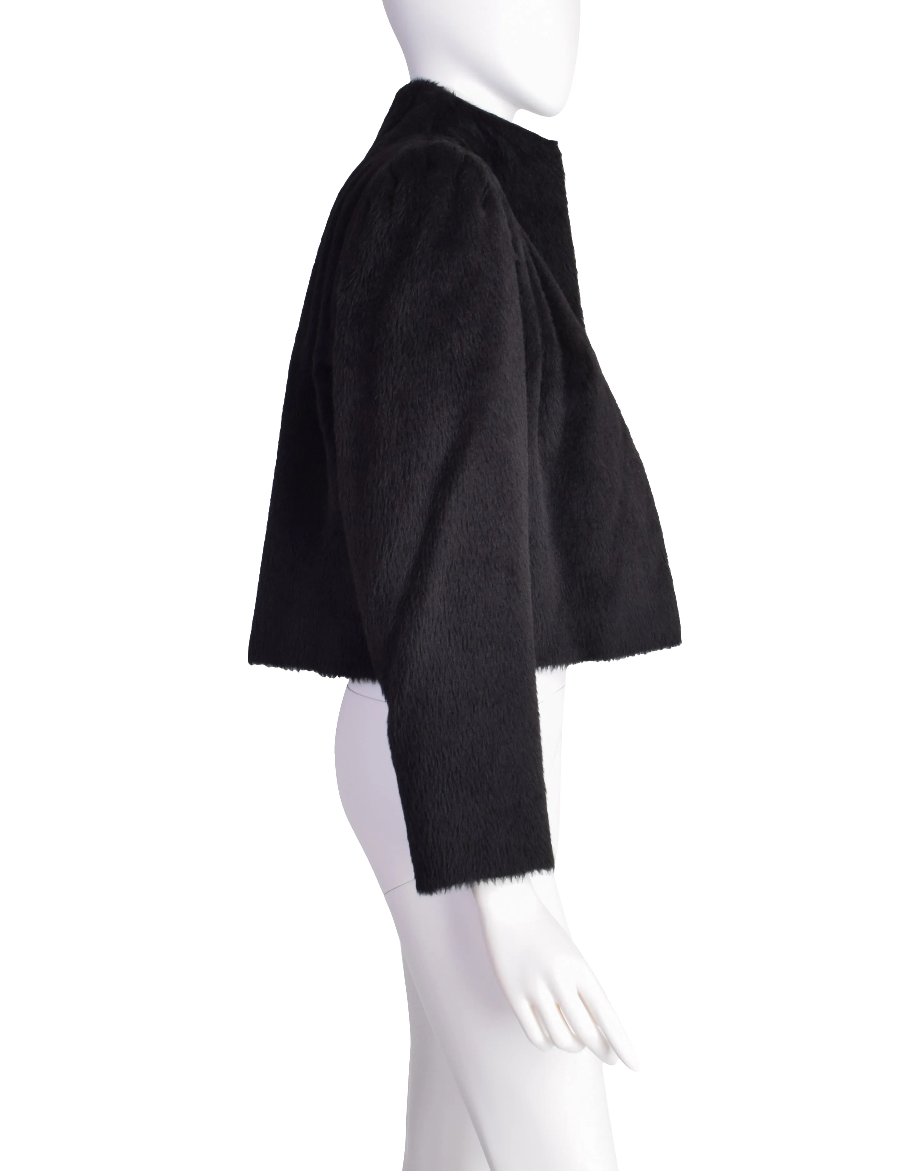 Galanos Vintage Black Alpaca Wool Structured Shoulder Cropped Jacket Coat