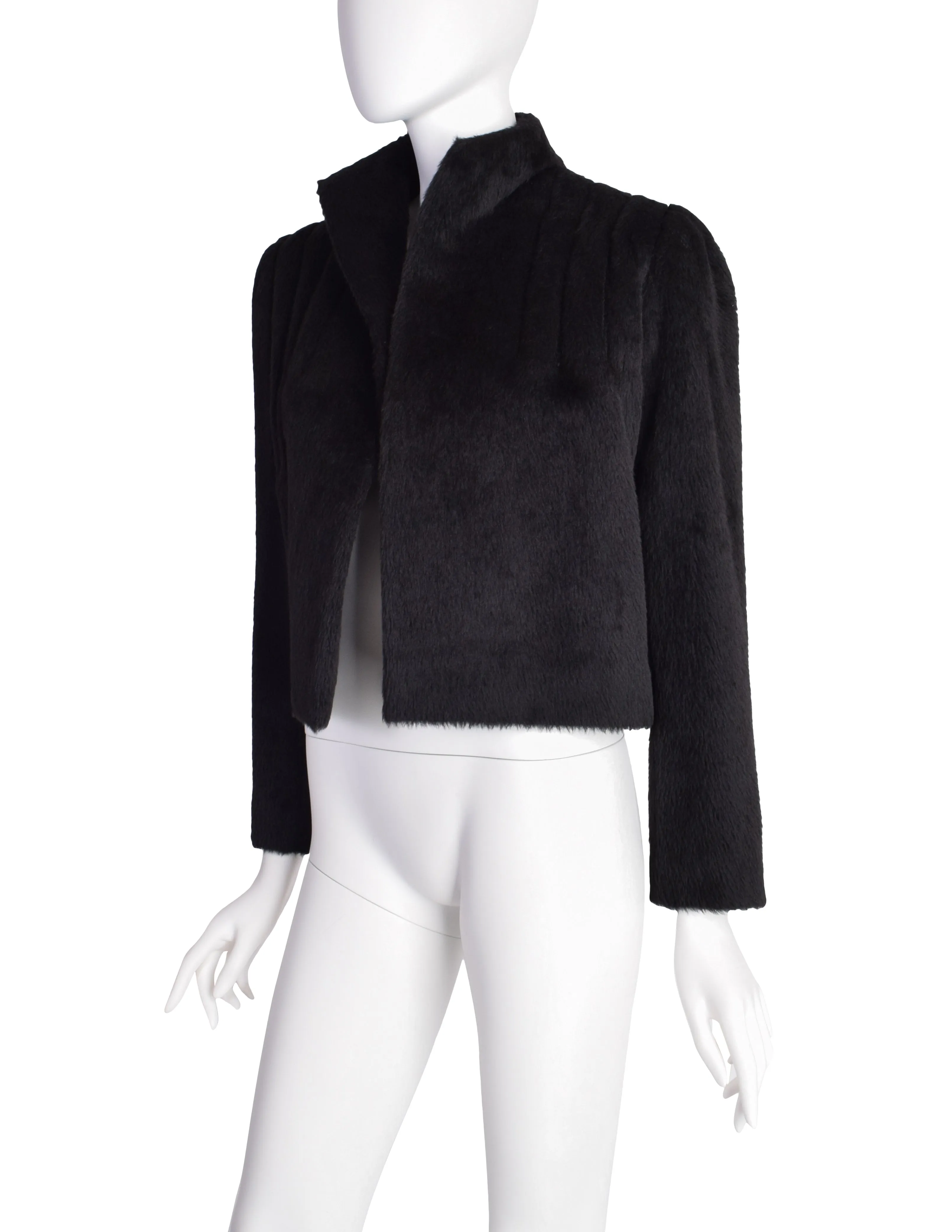 Galanos Vintage Black Alpaca Wool Structured Shoulder Cropped Jacket Coat