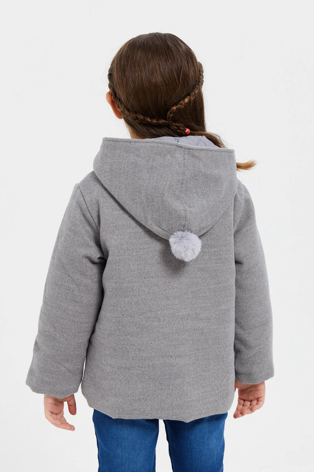 Girls Grey Fake Wool Hooded Jacket