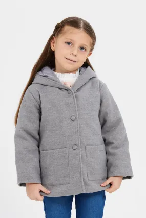 Girls Grey Fake Wool Hooded Jacket