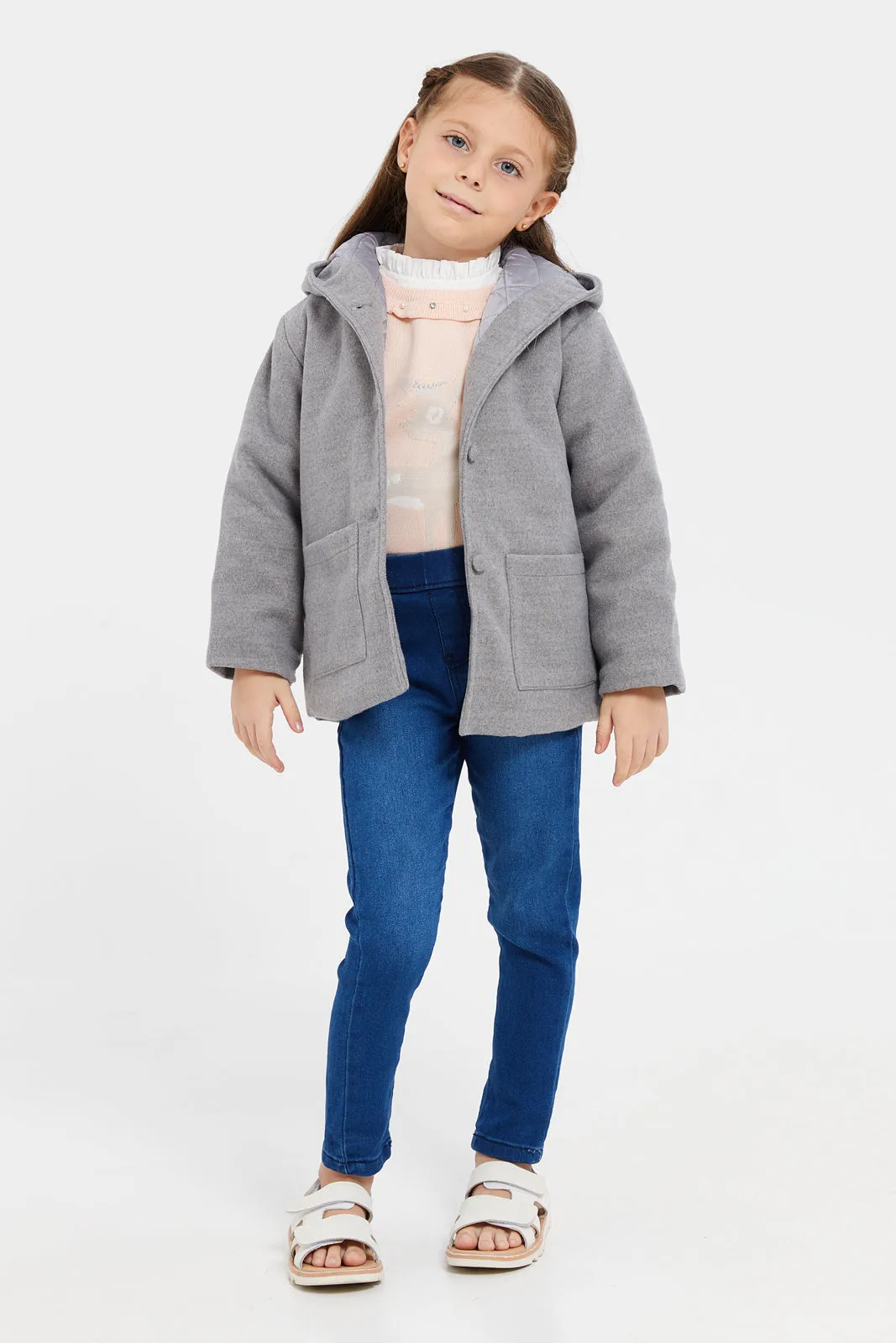 Girls Grey Fake Wool Hooded Jacket