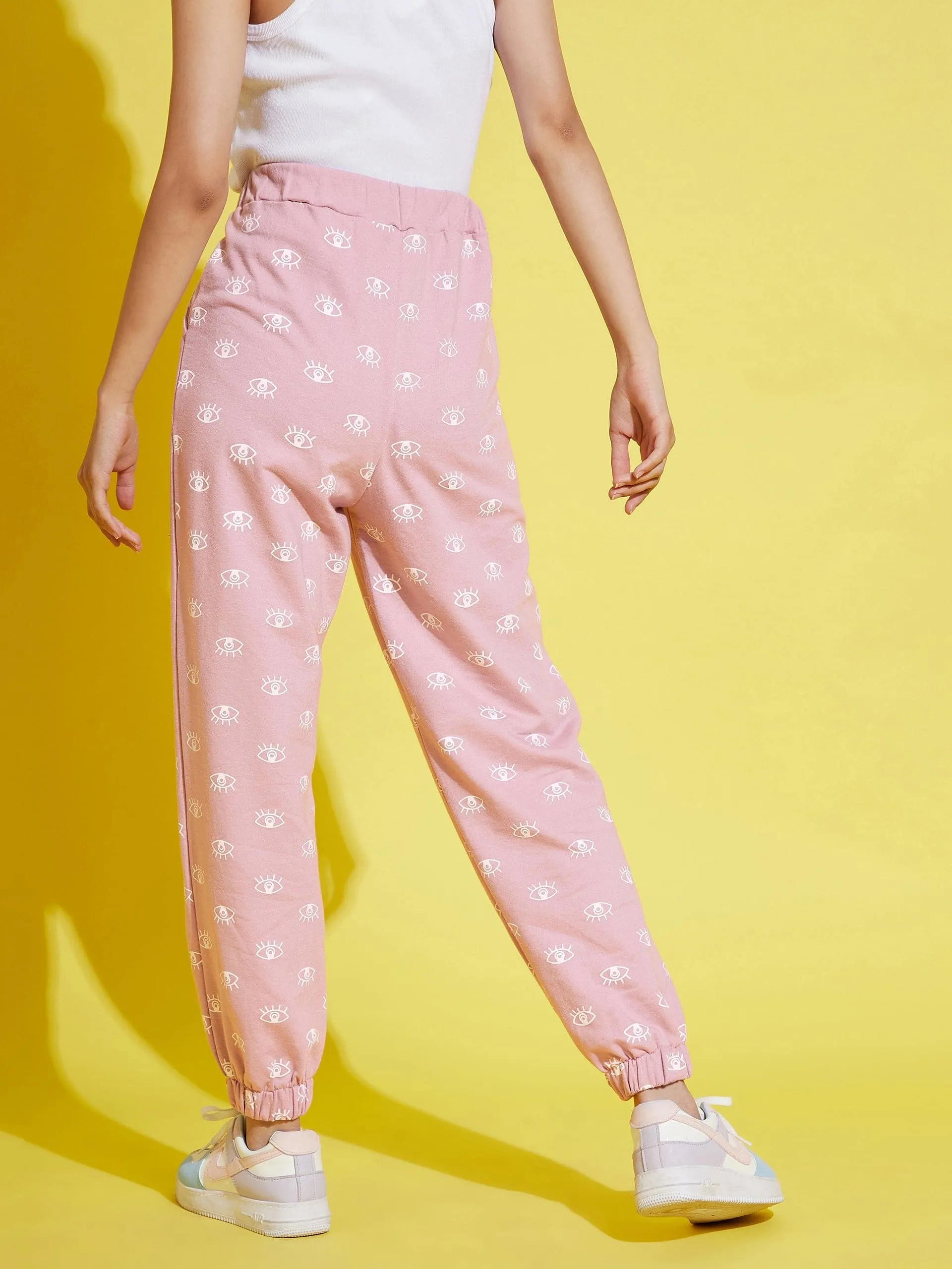 Girls Mauve Eye Print Terry Joggers - Lyush Kids