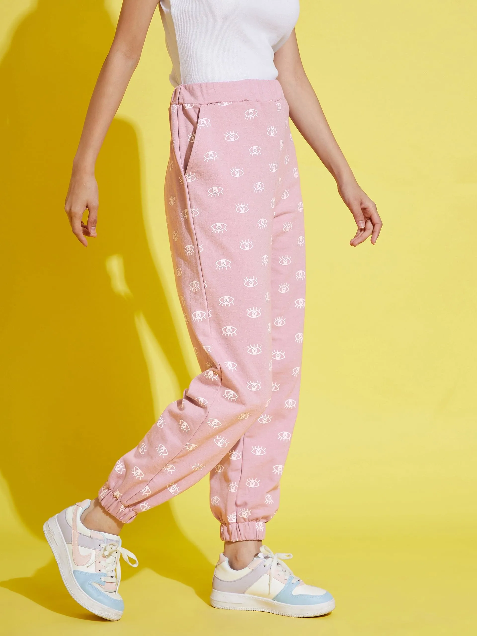 Girls Mauve Eye Print Terry Joggers - Lyush Kids