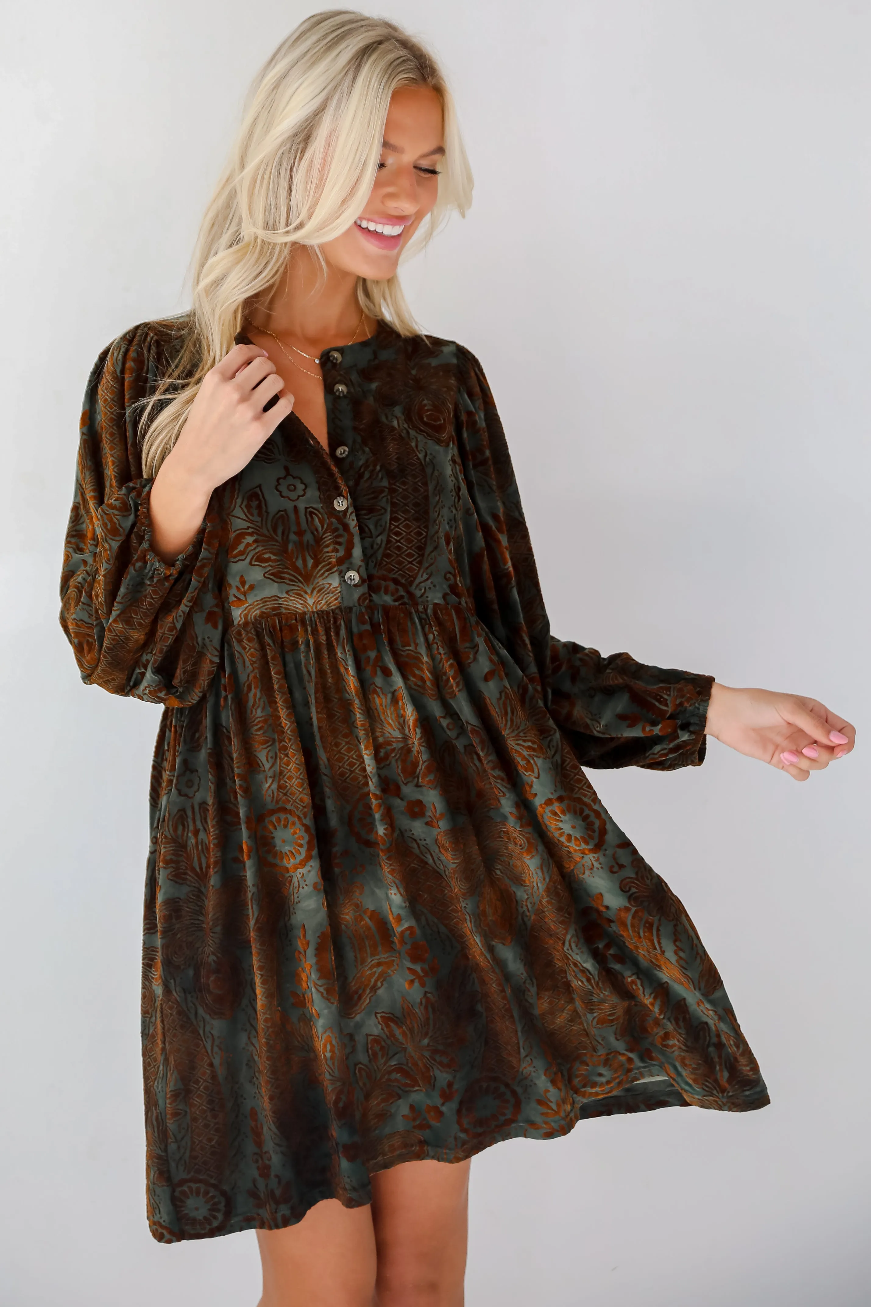 Gorgeous Whimsy Dark Green Velvet Floral Mini Dress