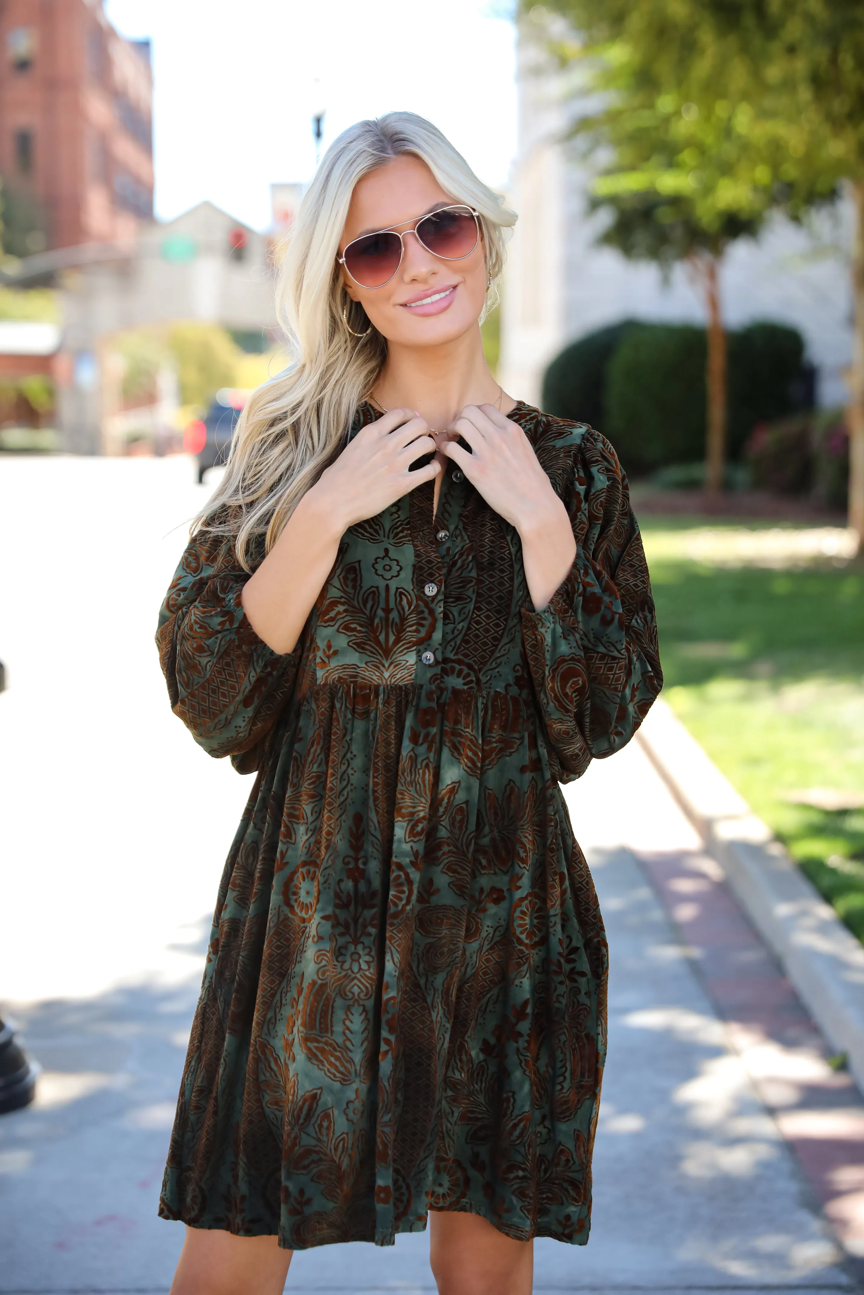 Gorgeous Whimsy Dark Green Velvet Floral Mini Dress