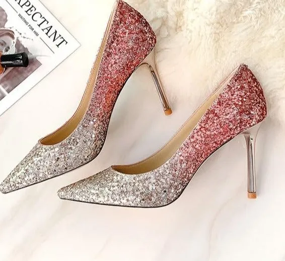 Gradient Sequined Shiny Pointed High Heel Formal Event Shoes