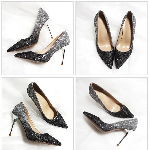 Gradient Sequined Shiny Pointed High Heel Formal Event Shoes