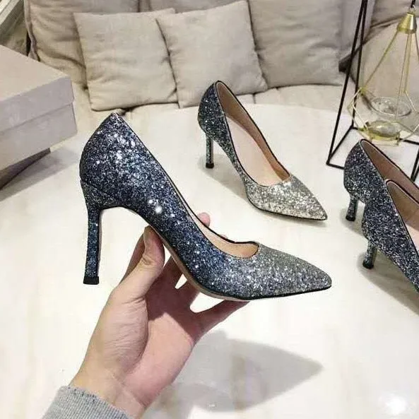 Gradient Sequined Shiny Pointed High Heel Formal Event Shoes