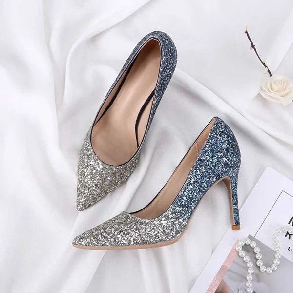 Gradient Sequined Shiny Pointed High Heel Formal Event Shoes