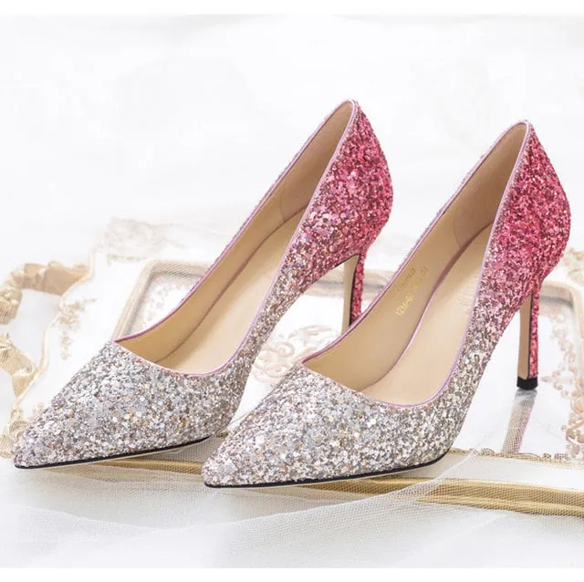 Gradient Sequined Shiny Pointed High Heel Formal Event Shoes