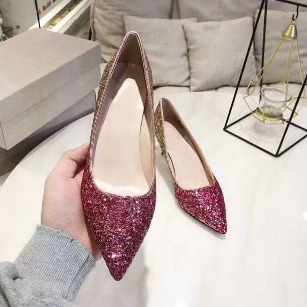 Gradient Sequined Shiny Pointed High Heel Formal Event Shoes