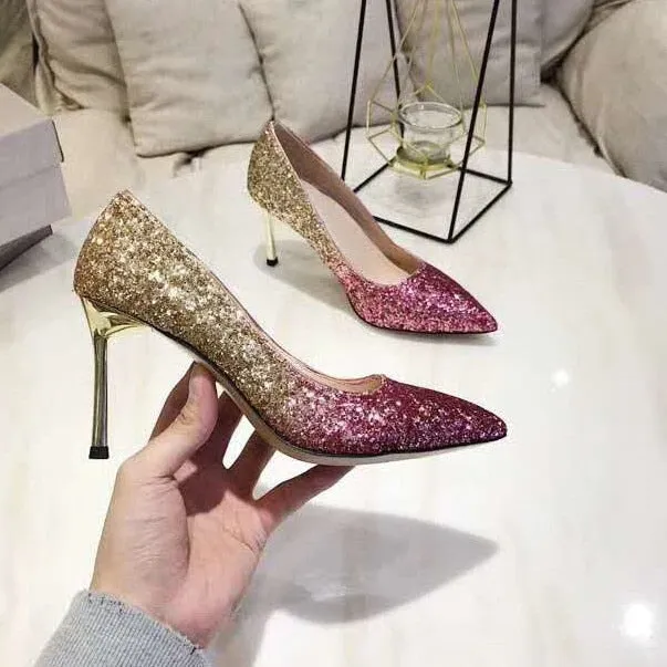 Gradient Sequined Shiny Pointed High Heel Formal Event Shoes