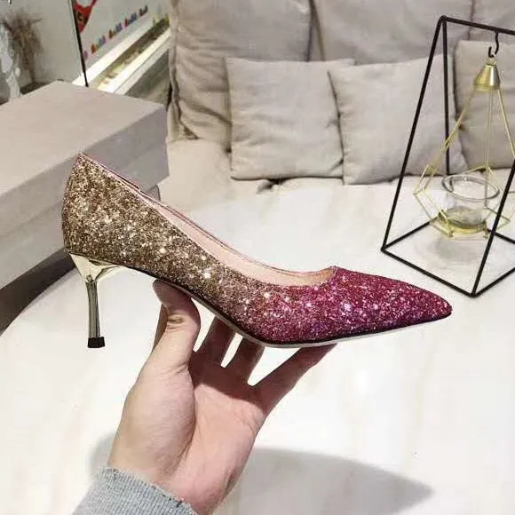 Gradient Sequined Shiny Pointed High Heel Formal Event Shoes