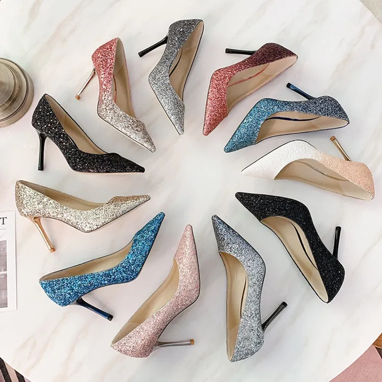 Gradient Sequined Shiny Pointed High Heel Formal Event Shoes