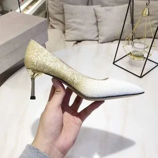 Gradient Sequined Shiny Pointed High Heel Formal Event Shoes