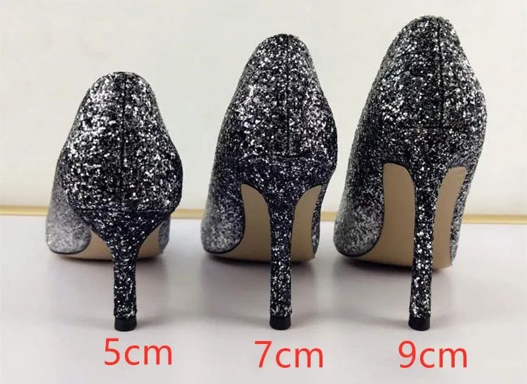 Gradient Sequined Shiny Pointed High Heel Formal Event Shoes