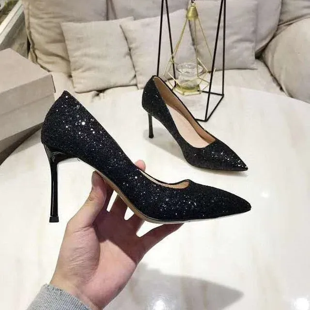 Gradient Sequined Shiny Pointed High Heel Formal Event Shoes