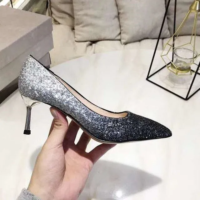 Gradient Sequined Shiny Pointed High Heel Formal Event Shoes