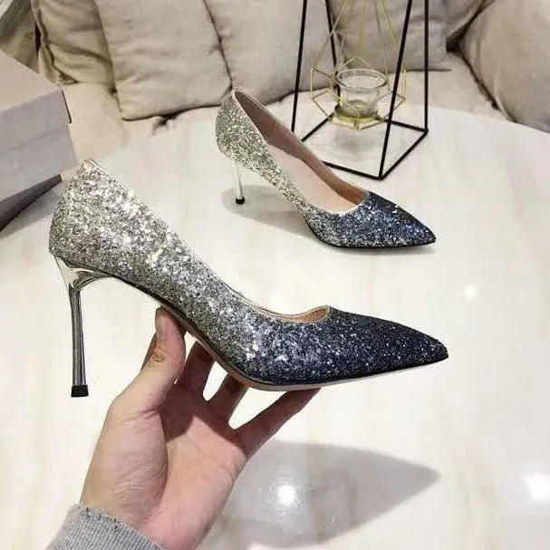 Gradient Sequined Shiny Pointed High Heel Formal Event Shoes