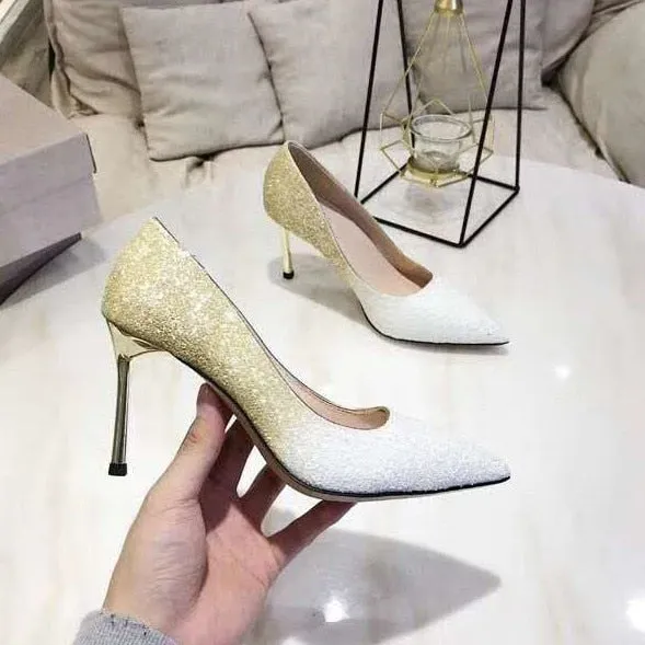 Gradient Sequined Shiny Pointed High Heel Formal Event Shoes