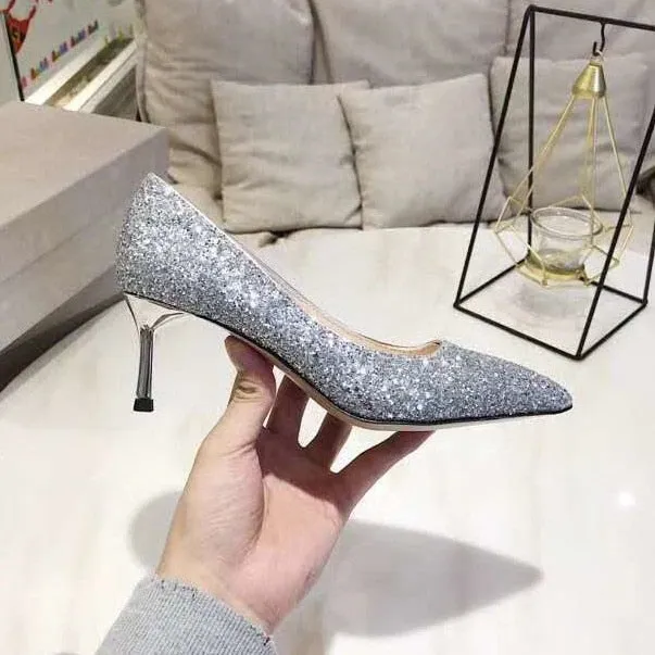 Gradient Sequined Shiny Pointed High Heel Formal Event Shoes