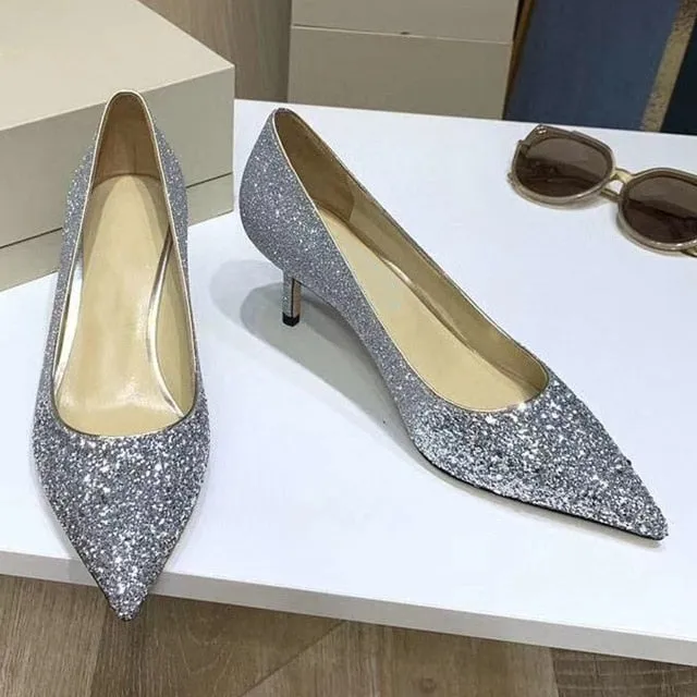 Gradient Sequined Shiny Pointed High Heel Formal Event Shoes