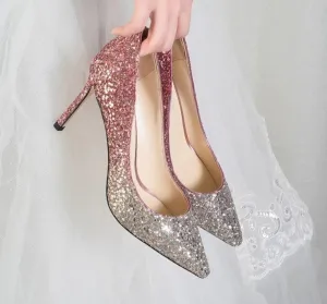 Gradient Sequined Shiny Pointed High Heel Formal Event Shoes