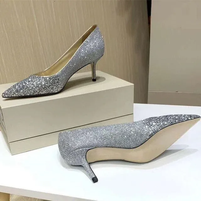 Gradient Sequined Shiny Pointed High Heel Formal Event Shoes