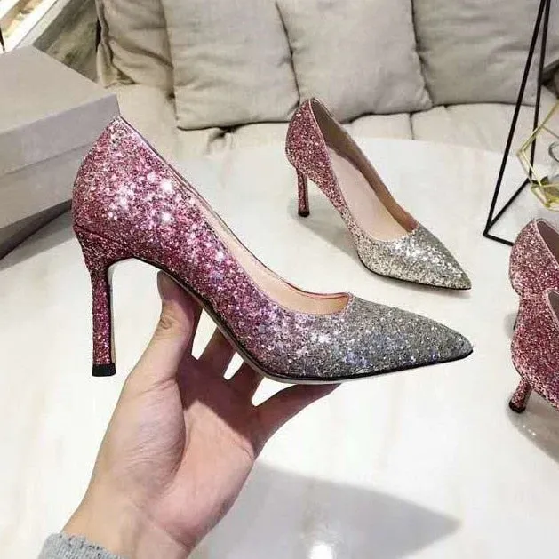 Gradient Sequined Shiny Pointed High Heel Formal Event Shoes