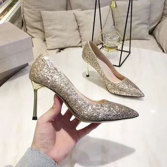 Gradient Sequined Shiny Pointed High Heel Formal Event Shoes