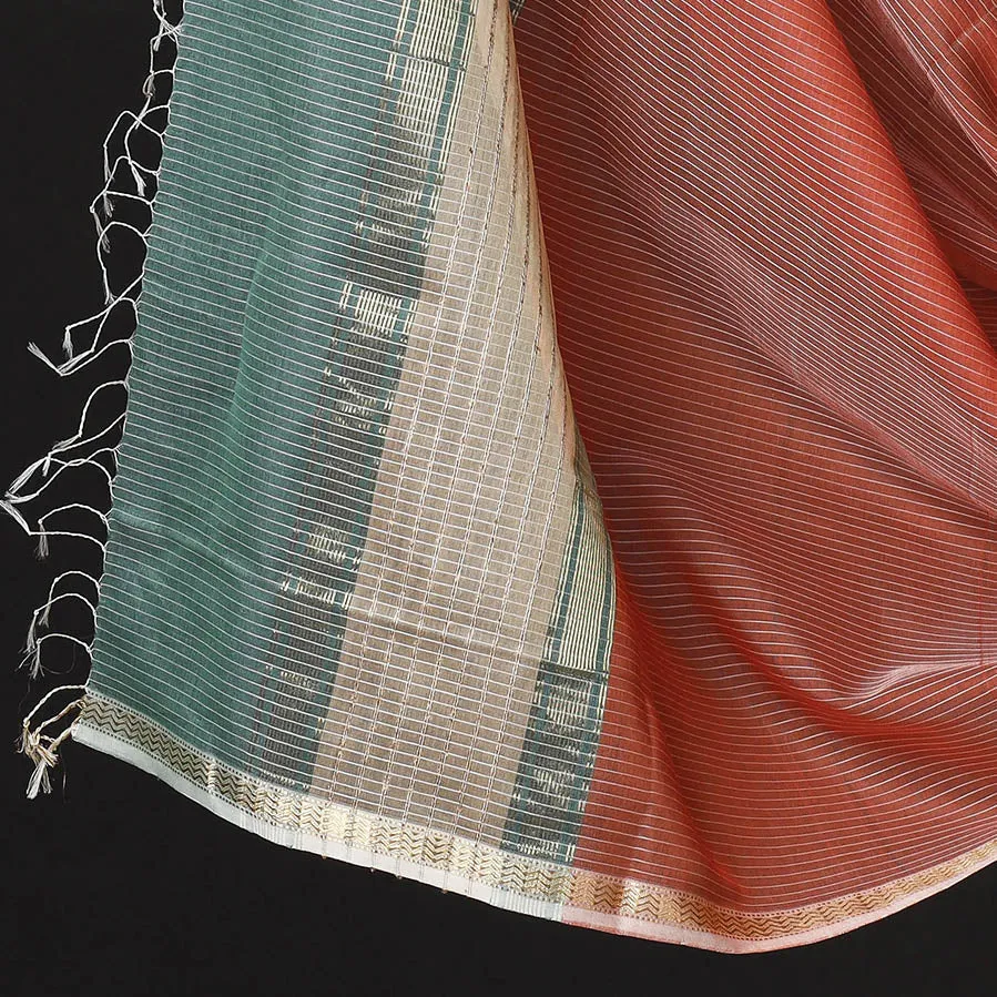 Green - 2pc Maheshwari Silk Cotton Handloom Stripe Suit Material Set with Zari Border