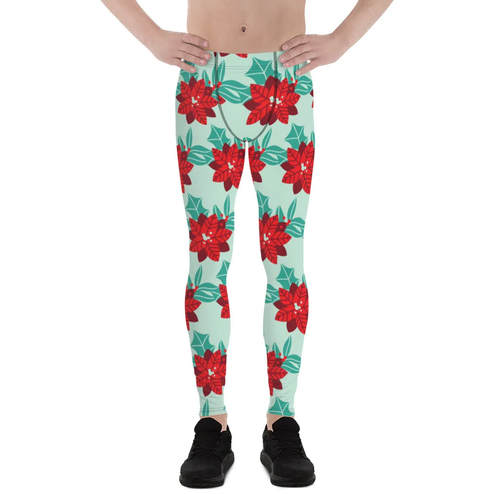 Green Christmas Holiday Men's Leggings, Green & Red Xmas Flower Designer Men's Leggings-Made in USA/MX/EU