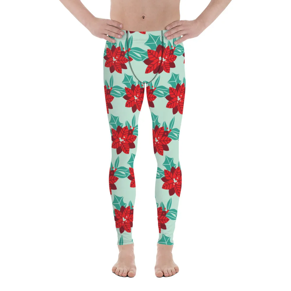 Green Christmas Holiday Men's Leggings, Green & Red Xmas Flower Designer Men's Leggings-Made in USA/MX/EU