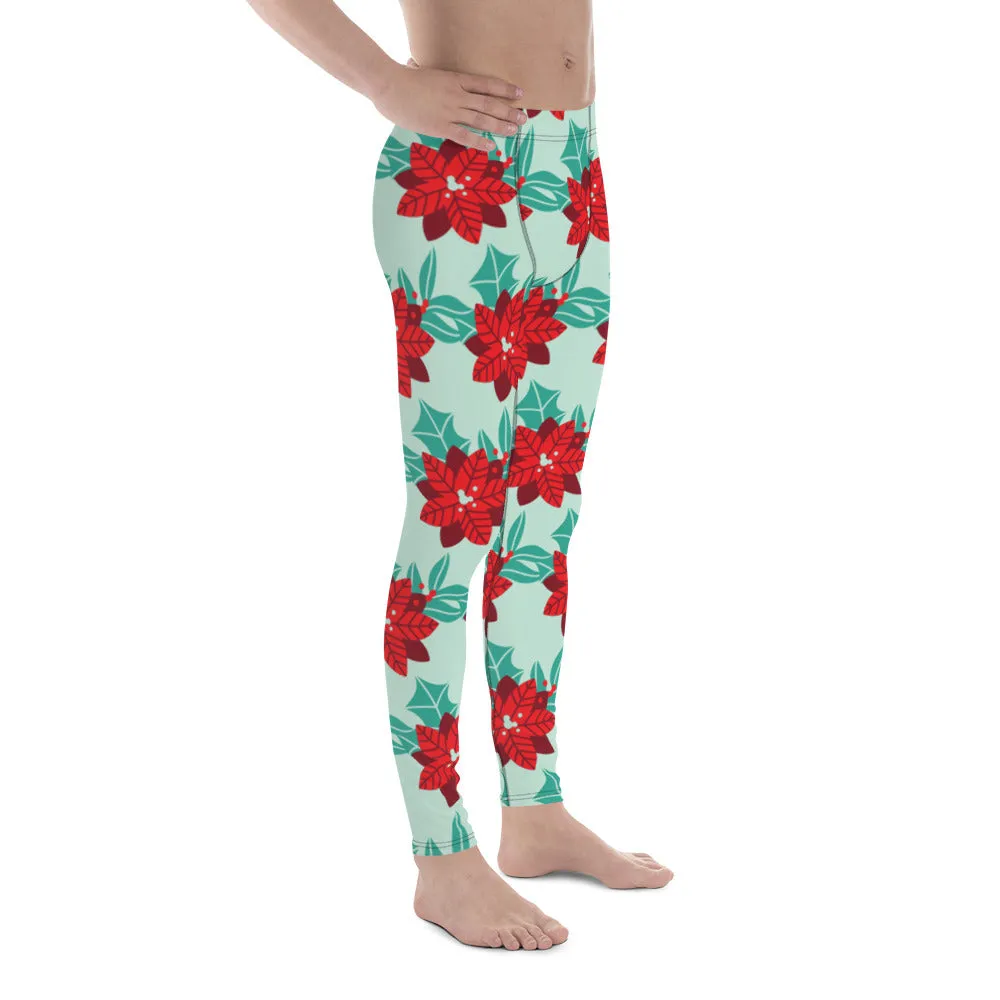 Green Christmas Holiday Men's Leggings, Green & Red Xmas Flower Designer Men's Leggings-Made in USA/MX/EU