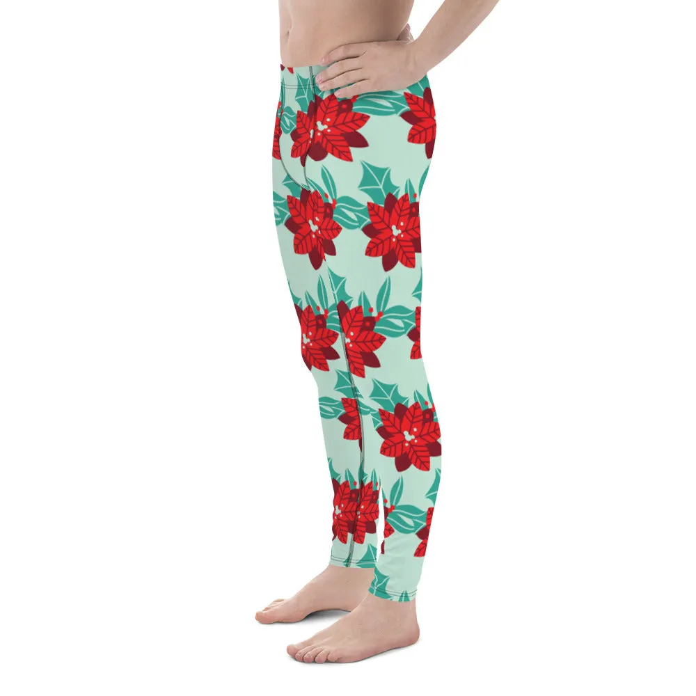 Green Christmas Holiday Men's Leggings, Green & Red Xmas Flower Designer Men's Leggings-Made in USA/MX/EU