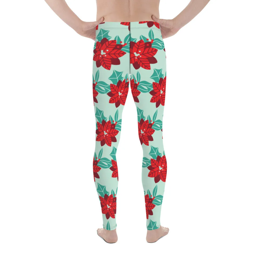 Green Christmas Holiday Men's Leggings, Green & Red Xmas Flower Designer Men's Leggings-Made in USA/MX/EU