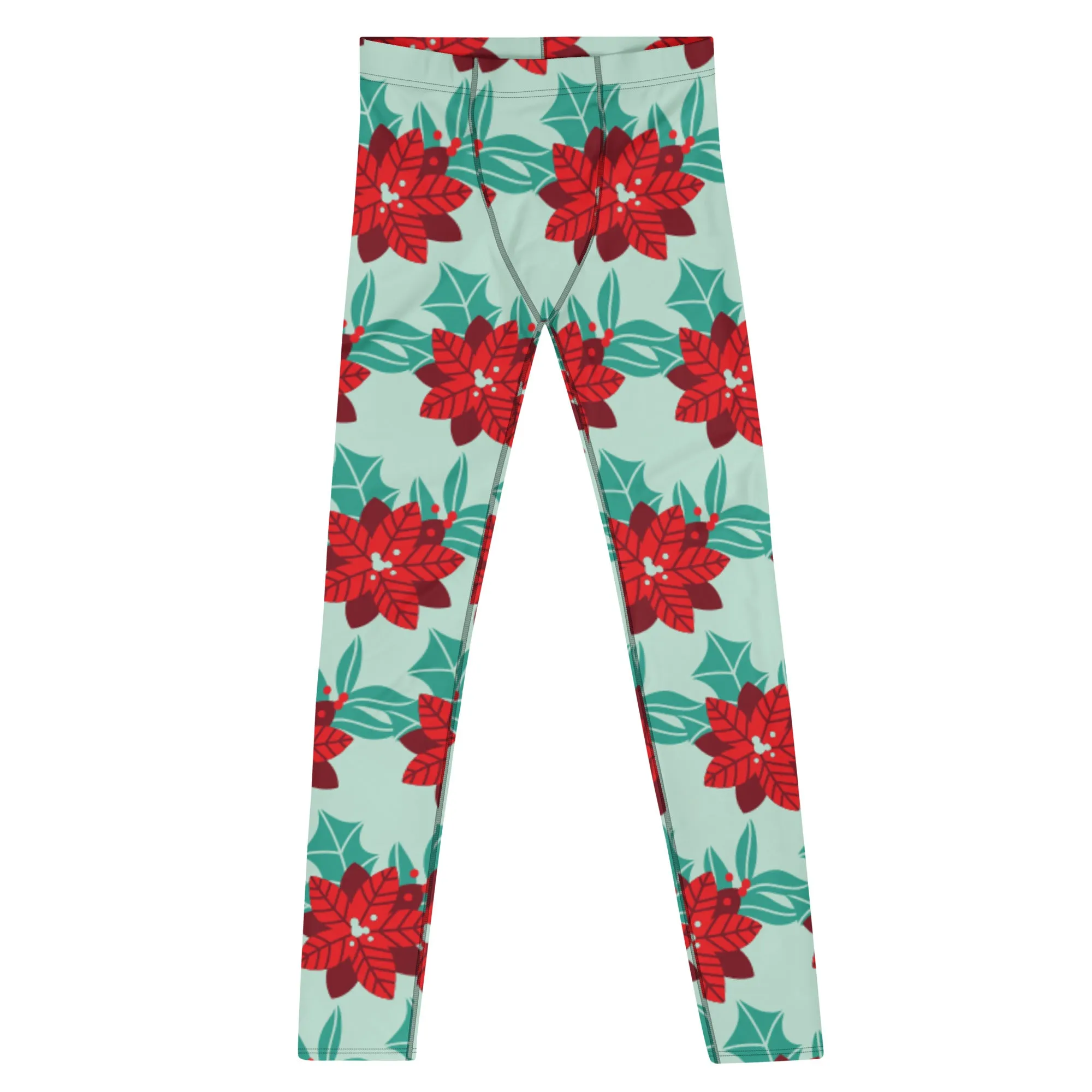 Green Christmas Holiday Men's Leggings, Green & Red Xmas Flower Designer Men's Leggings-Made in USA/MX/EU